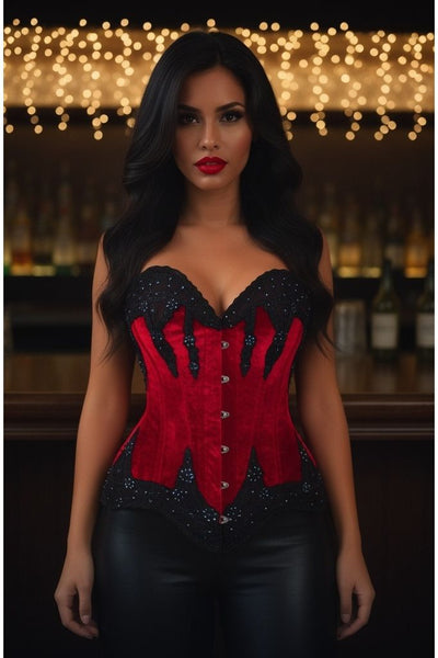 Top Drawer Dark Red Velvet & Beaded Steel Boned Overbust Corset - Daisy Corsets