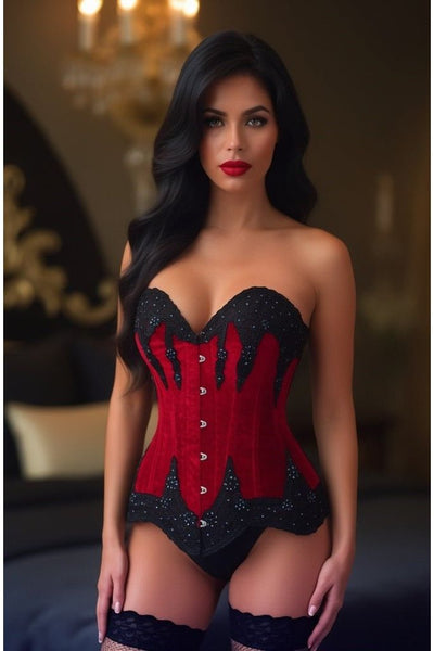 Top Drawer Dark Red Velvet & Beaded Steel Boned Overbust Corset - Daisy Corsets
