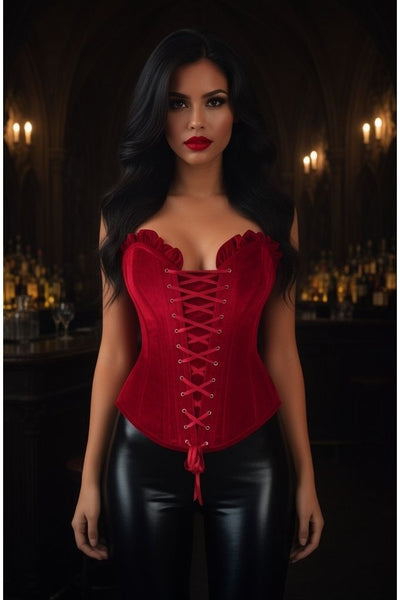 Top Drawer Dark Red Velvet Lace - Up Steel Boned Overbust Corset - Daisy Corsets