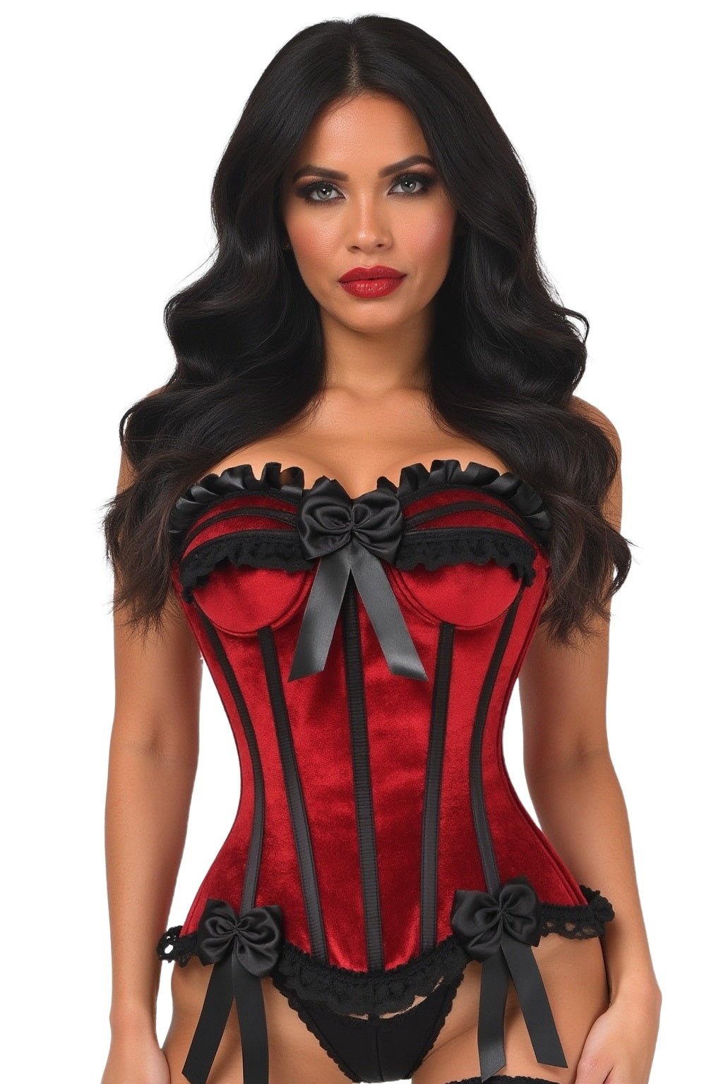 Top Drawer Dark Red Velvet Steel Boned Burlesque Corset - Daisy Corsets