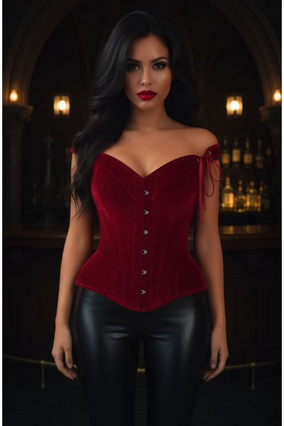 Top Drawer Dark Red Velvet Steel Boned Corset w/Straps - Daisy Corsets