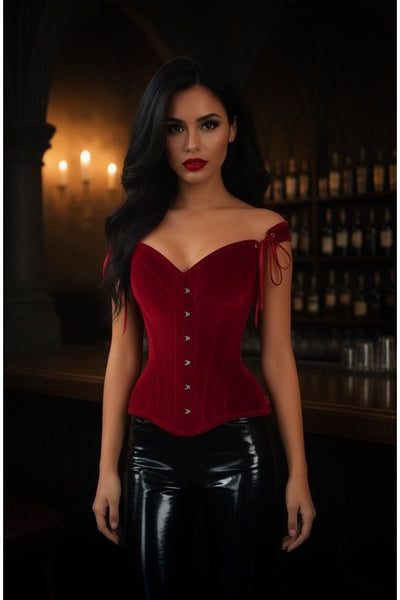 Top Drawer Dark Red Velvet Steel Boned Corset w/Straps - Daisy Corsets