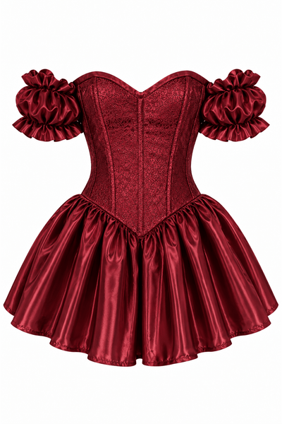 Top Drawer Dark Red Wine Brocade & Silk Steel Boned Corset Dress w/Sleeves - Daisy Corsets