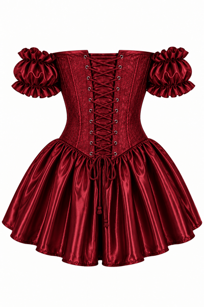 Top Drawer Dark Red Wine Brocade & Silk Steel Boned Corset Dress w/Sleeves - Daisy Corsets