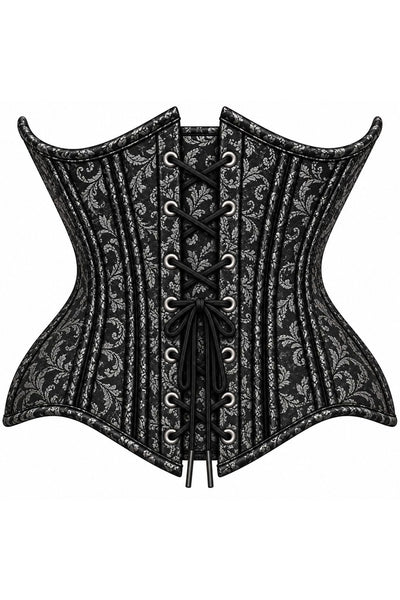 Top Drawer Double Steel Boned Black/Silver Brocade Curvy Underbust Corset - Daisy Corsets