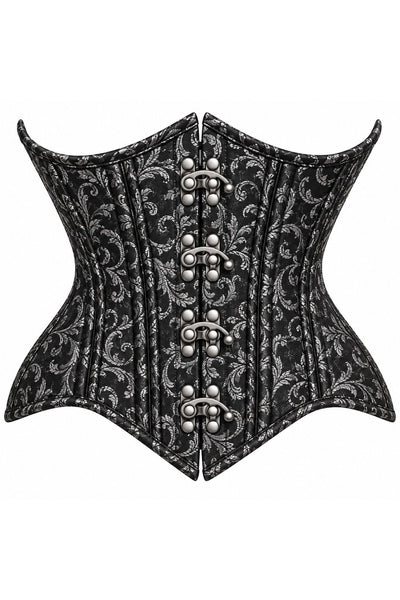 Top Drawer Double Steel Boned Black/Silver Brocade Curvy Underbust Corset - Daisy Corsets