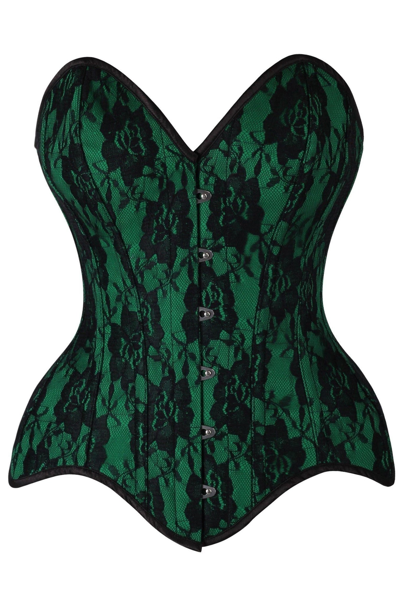 Top Drawer Green Satin w/Black Lace Overlay Steel Boned Overbust Corset - Daisy Corsets