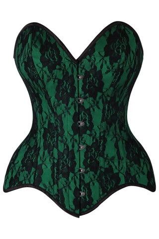 Top Drawer Green Satin w/Black Lace Overlay Steel Boned Overbust Corset - Daisy Corsets