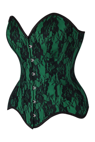 Top Drawer Green Satin w/Black Lace Overlay Steel Boned Overbust Corset - Daisy Corsets