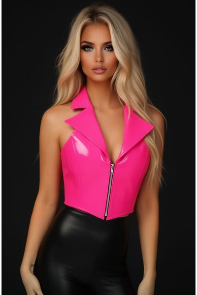 Top Drawer Hot Pink Patent Steel Boned Collared Bustier Top - Daisy Corsets