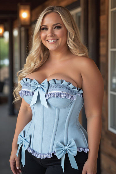 Top Drawer Light Blue Denim Underwire Steel Boned Burlesque Corset w/Bows - Daisy Corsets