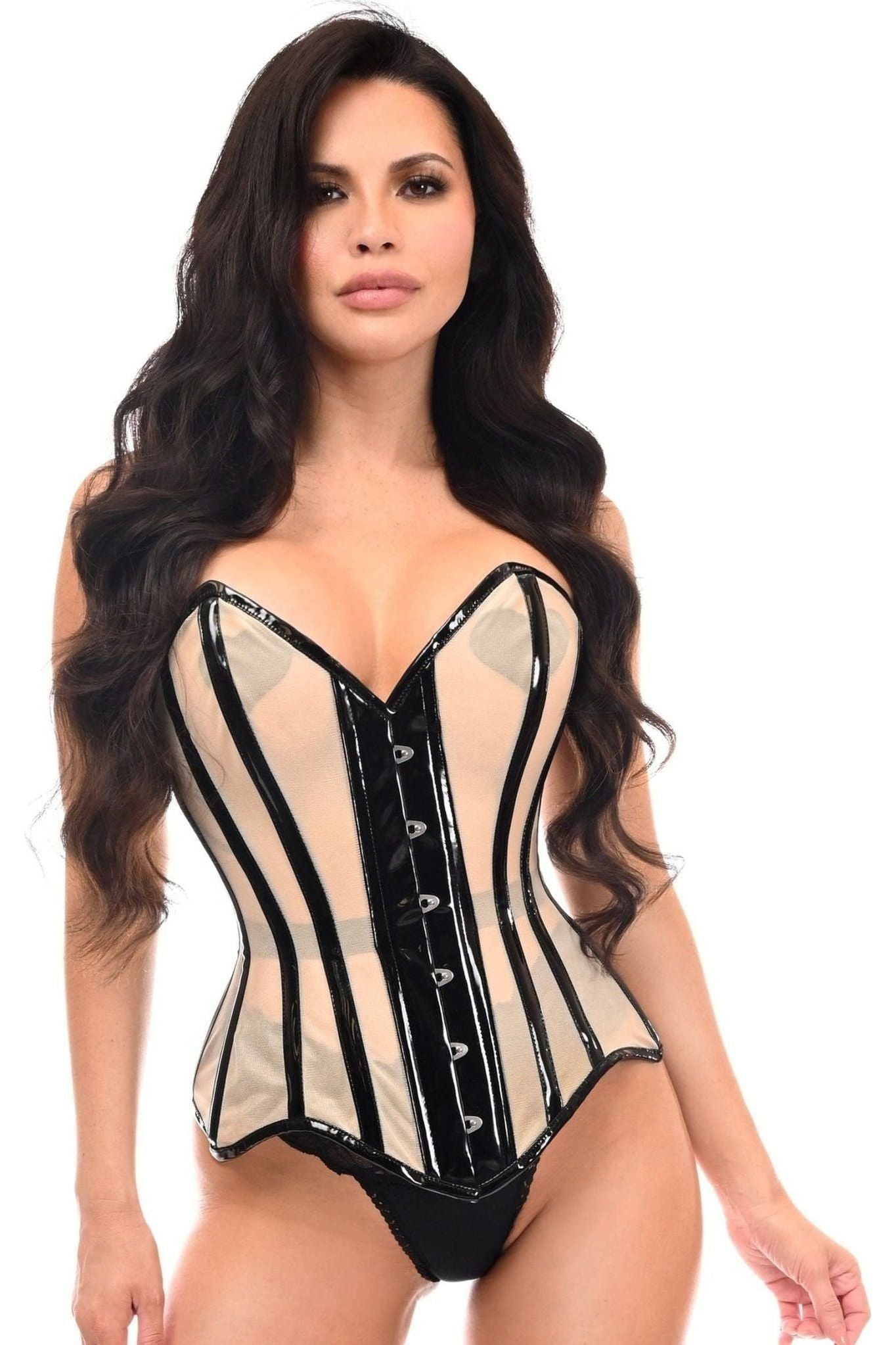 Top Drawer Nude Mesh & Black Patent Steel Boned Corset - Daisy Corsets