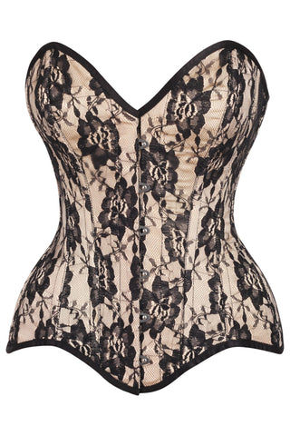 Top Drawer Nude Satin w/Black Lace Overlay Steel Boned Overbust Corset - Daisy Corsets