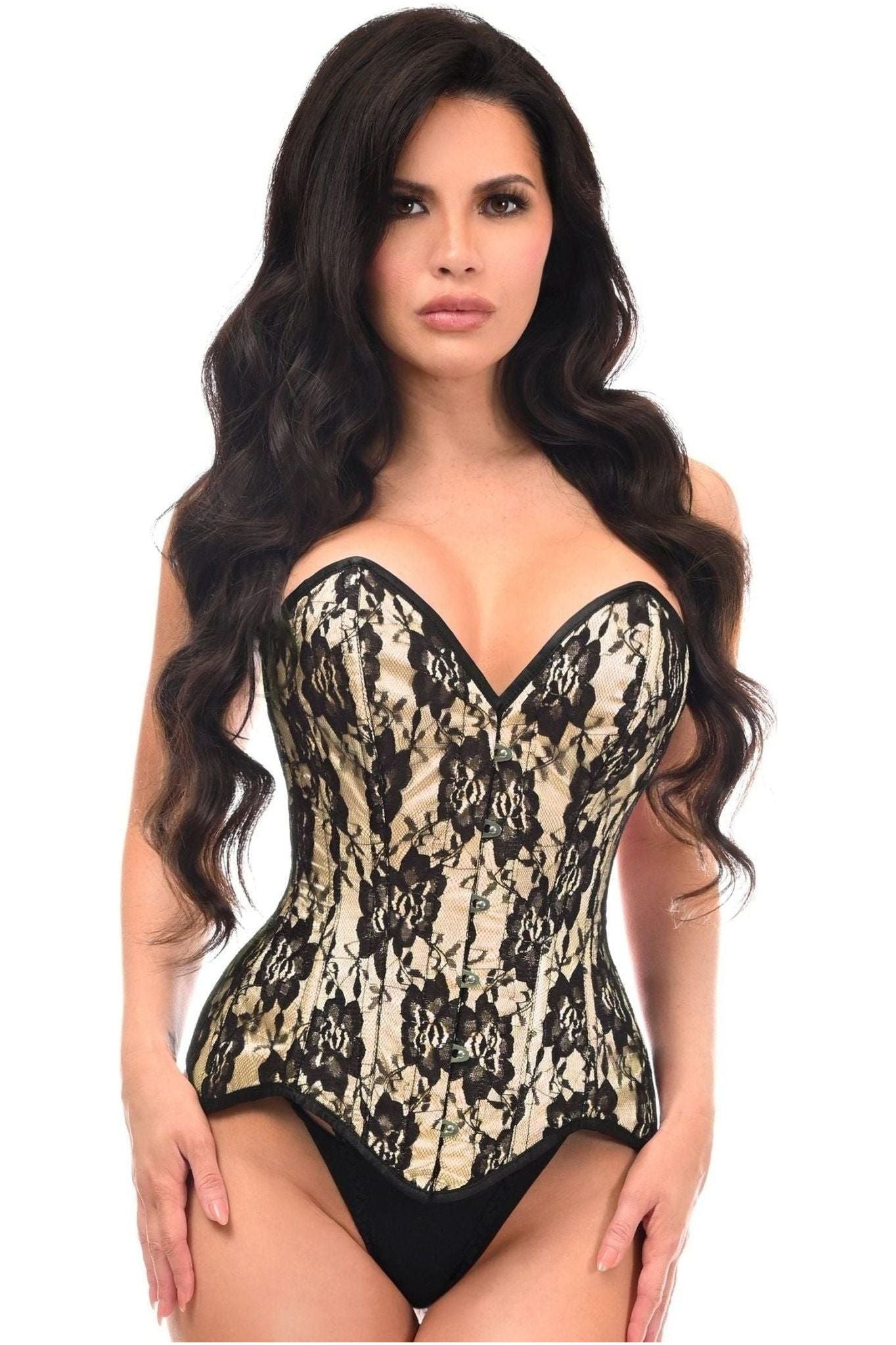 Top Drawer Nude Satin w/Black Lace Overlay Steel Boned Overbust Corset - Daisy Corsets