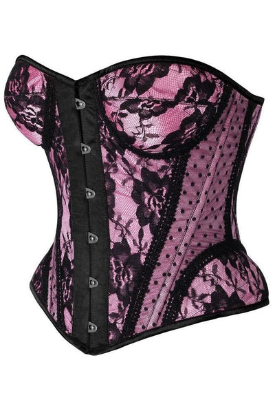 Top Drawer Pink w/Black Lace Steel Boned Underwire Bustier Corset