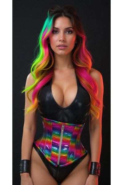 Top Drawer Rainbow Glitter Holo Steel Boned Mid Under Bust Corset - Daisy Corsets