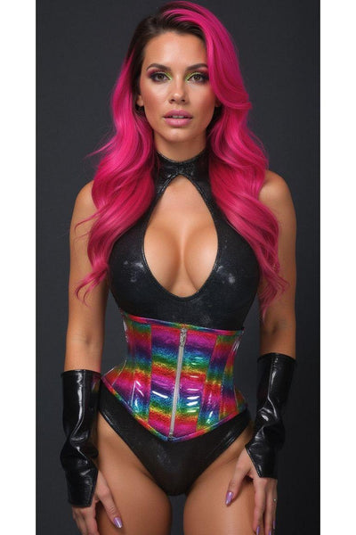 Top Drawer Rainbow Glitter Holo Steel Boned Mid Under Bust Corset - Daisy Corsets