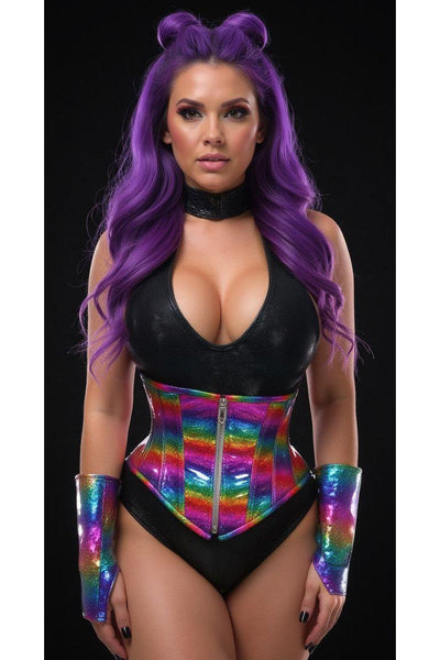 Top Drawer Rainbow Glitter Holo Steel Boned Mid Under Bust Corset - Daisy Corsets