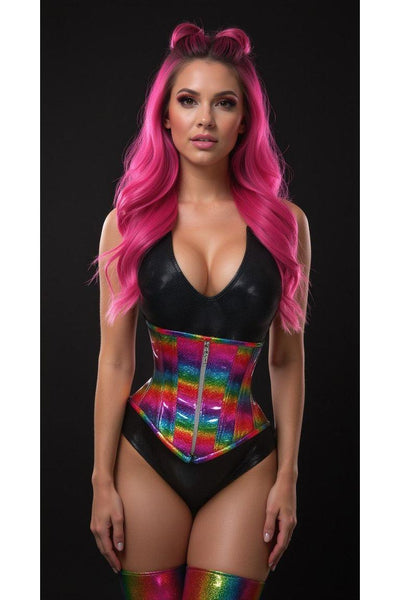 Top Drawer Rainbow Glitter Holo Steel Boned Mid Under Bust Corset - Daisy Corsets