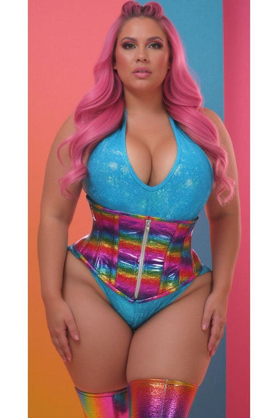 Top Drawer Rainbow Glitter Holo Steel Boned Mid Under Bust Corset - Daisy Corsets