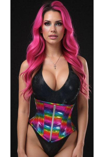 Top Drawer Rainbow Glitter Holo Steel Boned Mid Under Bust Corset - Daisy Corsets