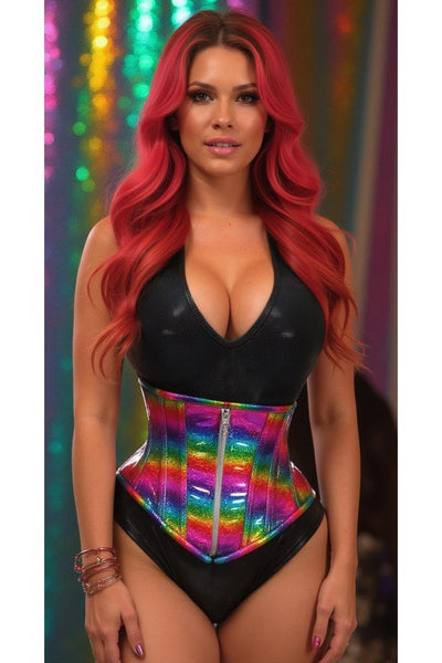 Top Drawer Rainbow Glitter Holo Steel Boned Mid Under Bust Corset - Daisy Corsets