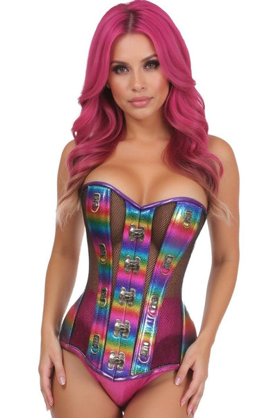 Top Drawer Rainbow Glitter PVC & Black Fishnet Steel Boned Over Bust Corset - Daisy Corsets