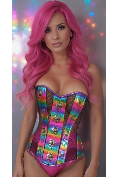 Top Drawer Rainbow Glitter PVC & Black Fishnet Steel Boned Over Bust Corset - Daisy Corsets