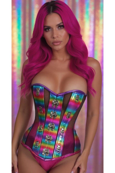 Top Drawer Rainbow Glitter PVC & Black Fishnet Steel Boned Over Bust Corset - Daisy Corsets