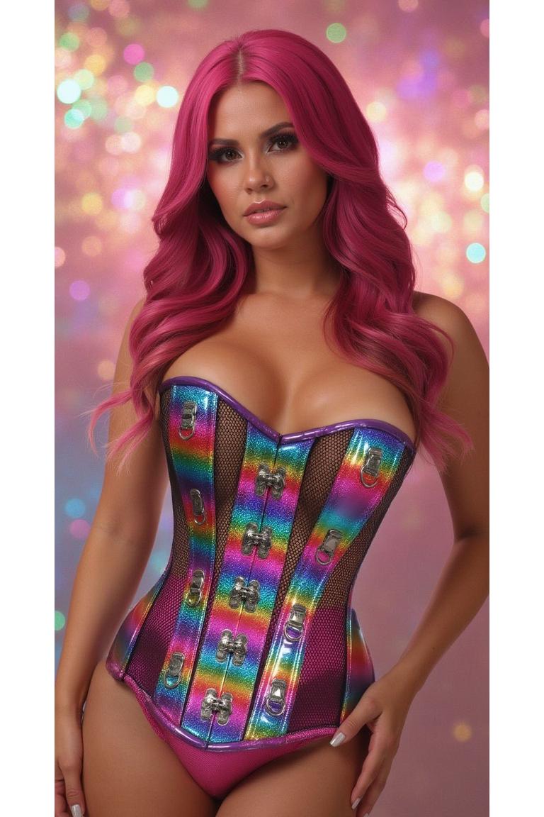 Top Drawer Rainbow Glitter PVC & Black Fishnet Steel Boned Over Bust Corset - Daisy Corsets