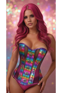 Top Drawer Rainbow Glitter PVC & Black Fishnet Steel Boned Over Bust Corset - Daisy Corsets