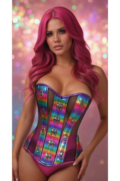 Top Drawer Rainbow Glitter PVC & Black Fishnet Steel Boned Over Bust Corset - Daisy Corsets