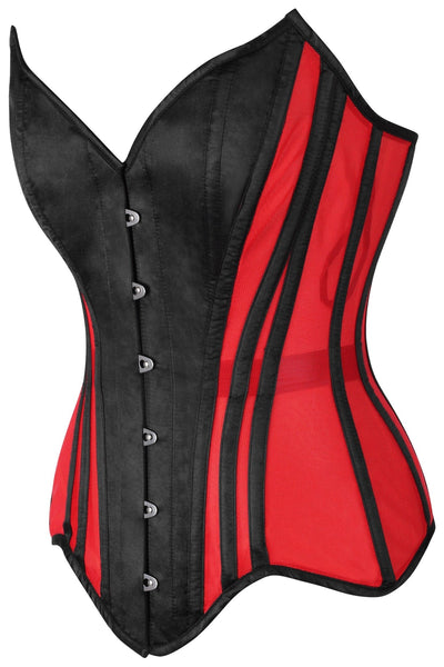 Top Drawer Red Mesh & Black Satin Steel Boned Overbust Corset - Daisy Corsets