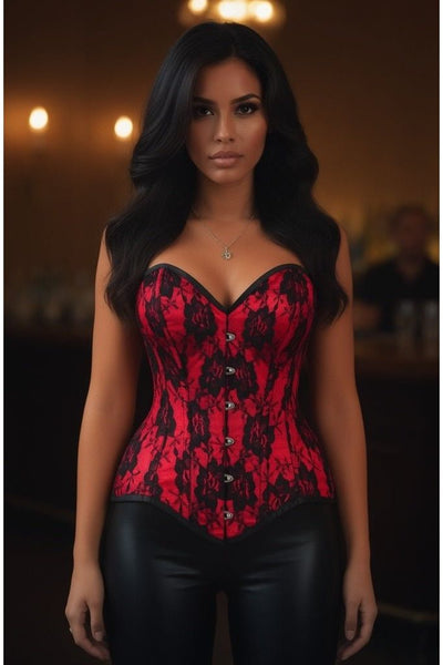 Top Drawer Red Satin w/Black Lace Overlay Steel Boned Overbust Corset - Daisy Corsets
