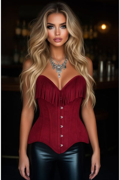 Top Drawer Red Suede Steel Boned Overbust Corset w/Fringe - Daisy Corsets