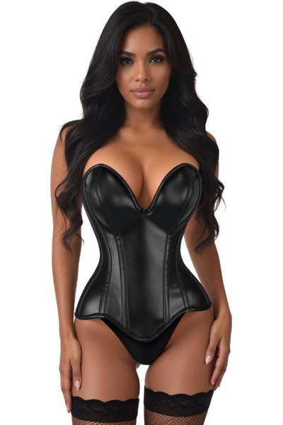 Top Drawer Steel Boned Black Faux Leather Plunge Neckline Overbust Corset - Daisy Corsets