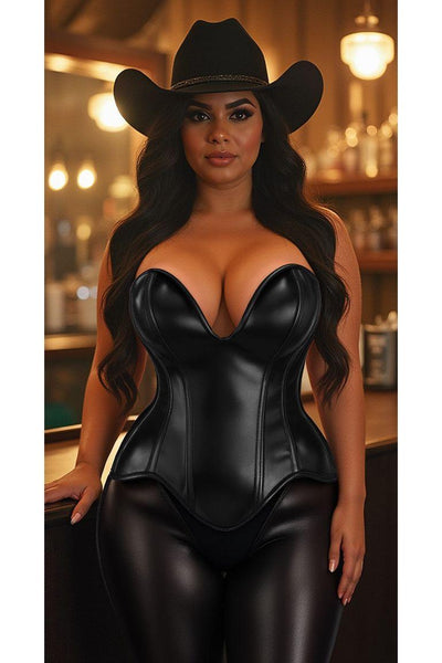 Top Drawer Steel Boned Black Faux Leather Plunge Neckline Overbust Corset - Daisy Corsets