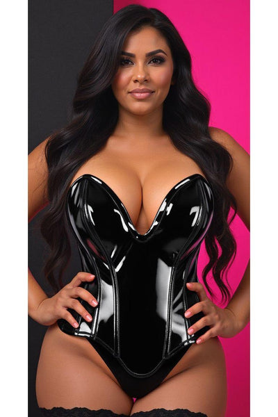 Top Drawer Steel Boned Black Patent Plunge Neckline Overbust Corset - Daisy Corsets