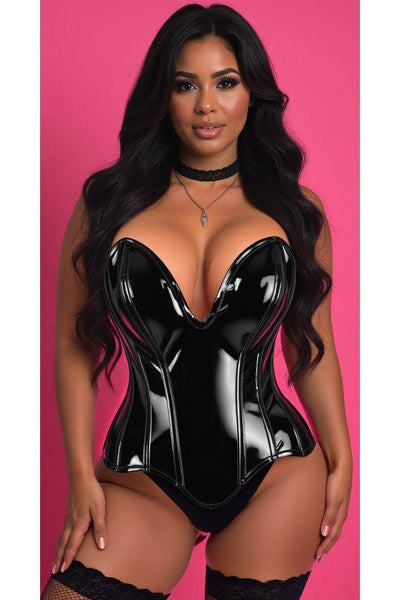 Top Drawer Steel Boned Black Patent Plunge Neckline Overbust Corset - Daisy Corsets