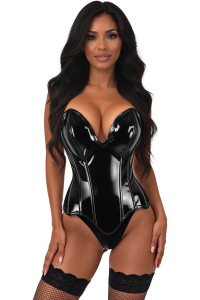 Top Drawer Steel Boned Black Patent Plunge Neckline Overbust Corset - Daisy Corsets