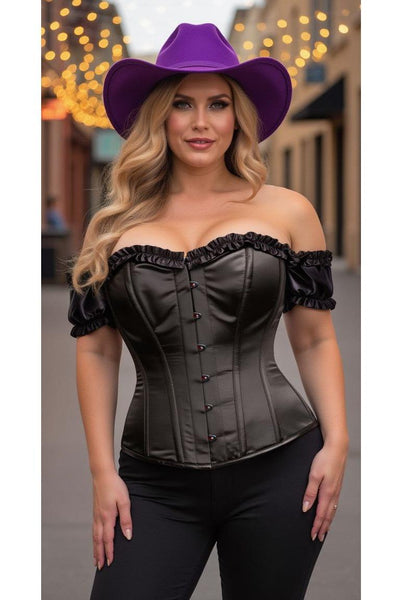 Top Drawer Steel Boned Black Satin Overbust Corset w/Sleeves - Daisy Corsets