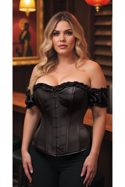 Top Drawer Steel Boned Black Satin Overbust Corset w/Sleeves - Daisy Corsets