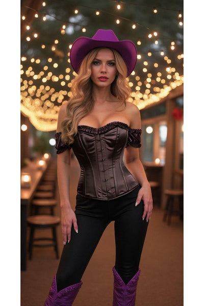 Top Drawer Steel Boned Black Satin Overbust Corset w/Sleeves - Daisy Corsets