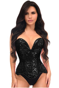 Top Drawer Steel Boned Black Sequin Plunge Neckline Overbust Corset - Daisy Corsets