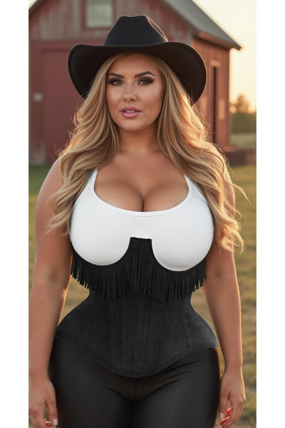 Top Drawer Steel Boned Black Suede Underwire Underbust Corset Cincher w/Fringe - Daisy Corsets