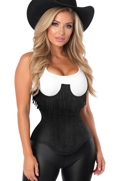 Top Drawer Steel Boned Black Suede Underwire Underbust Corset Cincher w/Fringe - Daisy Corsets