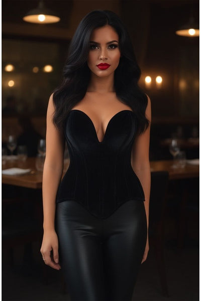 Top Drawer Steel Boned Black Velvet Plunge Neckline Overbust Corset - Daisy Corsets