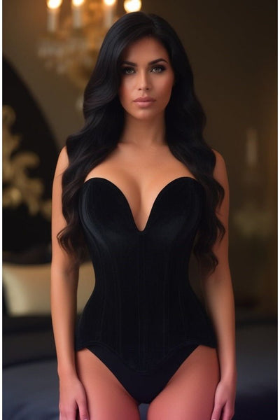 Top Drawer Steel Boned Black Velvet Plunge Neckline Overbust Corset - Daisy Corsets