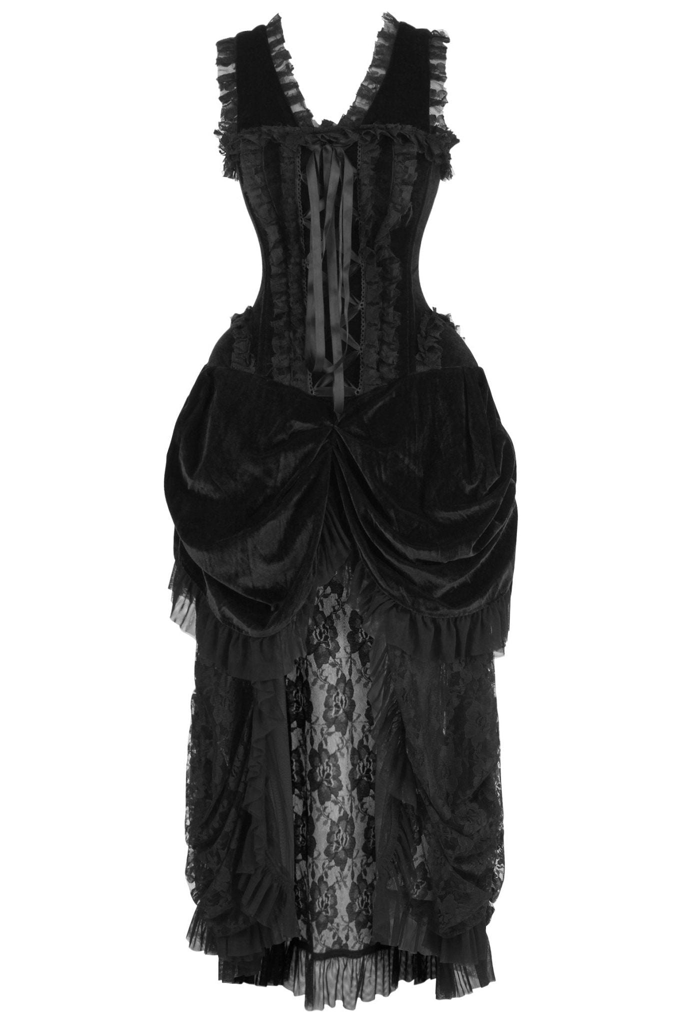 Top Drawer Steel Boned Black Velvet Victorian Bustle Corset Dress - Daisy Corsets