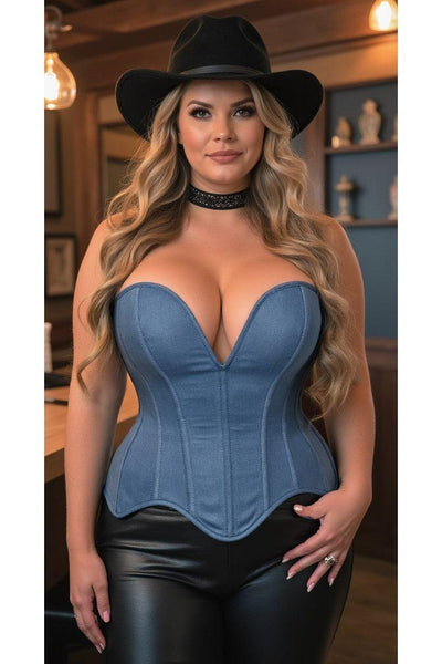 Top Drawer Steel Boned Blue Denim Plunge Neckline Overbust Corset - Daisy Corsets